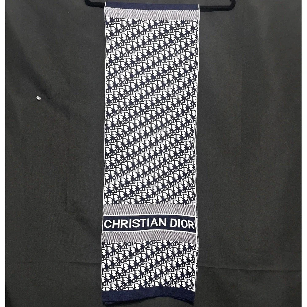 Christian Dior Scarf OS Navy Blue Luxury Oblique Monogram Logo Knit Designer